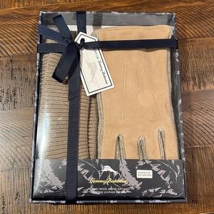 NEW❄️Tommy Bahama Merino Wool Blend Tan Hat Genuine Leather Gloves set S/M $120